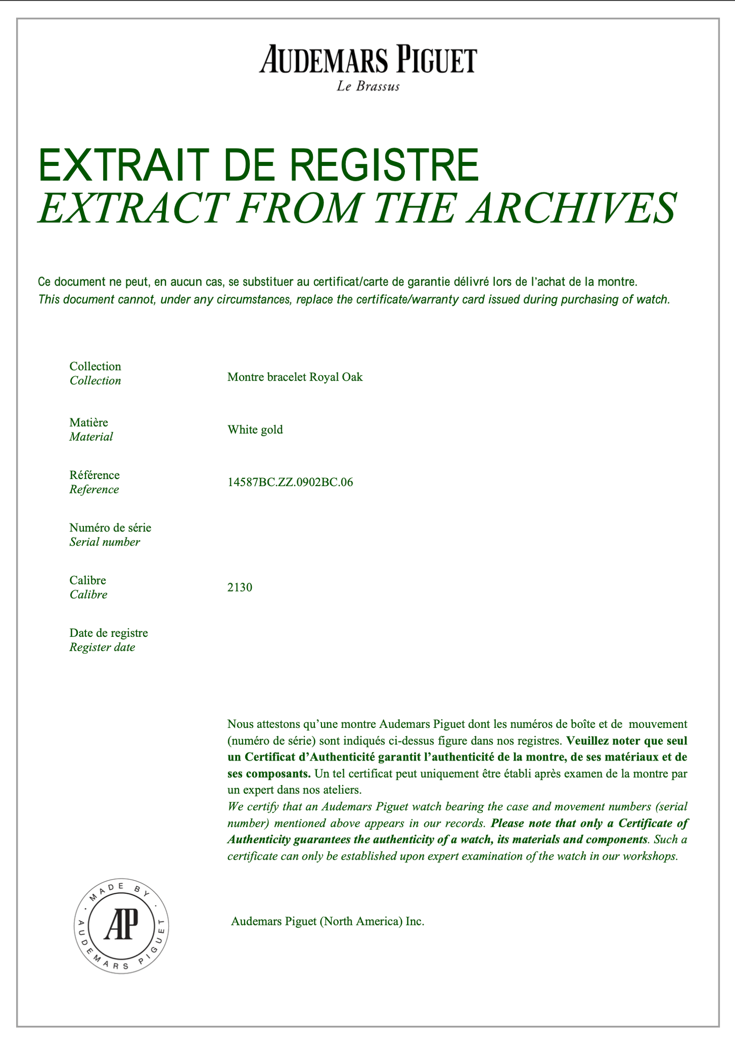 Audemars Piguet Royal Oak 14587BC 'Ladies' White Gold Diamond Emerald Set Dial Quartz (1995)