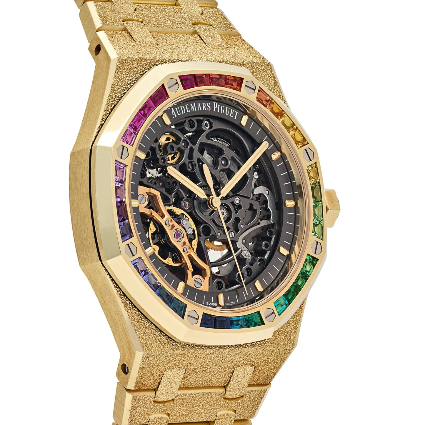 Audemars Piguet Royal Oak 15412BA.YG.1224BA.01 Frosted Yellow Gold Double Balance Wheel Rainbow Bezel