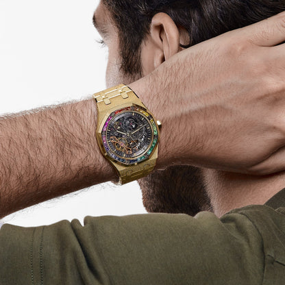 Audemars Piguet Royal Oak 15412BA.YG.1224BA.01 Frosted Yellow Gold Double Balance Wheel Rainbow Bezel