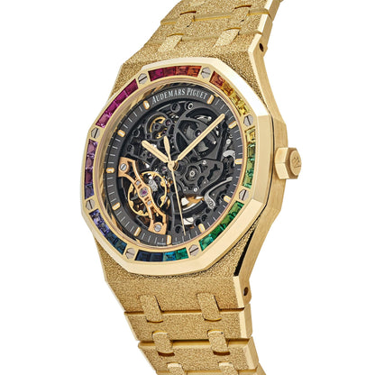 Audemars Piguet Royal Oak 15412BA.YG.1224BA.01 Frosted Yellow Gold Double Balance Wheel Rainbow Bezel
