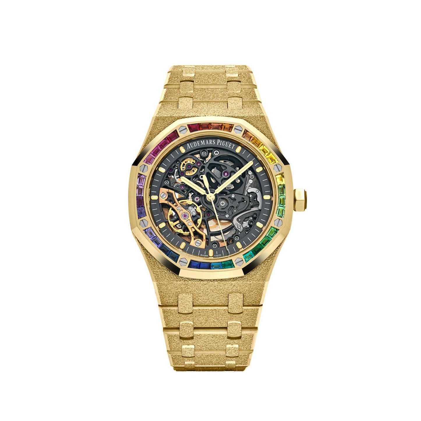 Audemars Piguet Royal Oak 15412BA.YG.1224BA.01 Frosted Yellow Gold Double Balance Wheel Rainbow Bezel