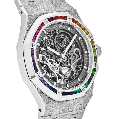 Audemars Piguet Royal Oak 15412BC.YG.1224BC.03 Double Balance Wheel Rainbow Bezel Frosted White Gold